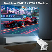 HY300 Android Portable Projector displaying a vibrant racing scene with dual band WiFi6 and BT5.0 module.