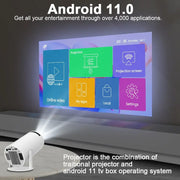 HY300 Android Portable Projector displaying Android 11 interface on a screen with colorful app icons.