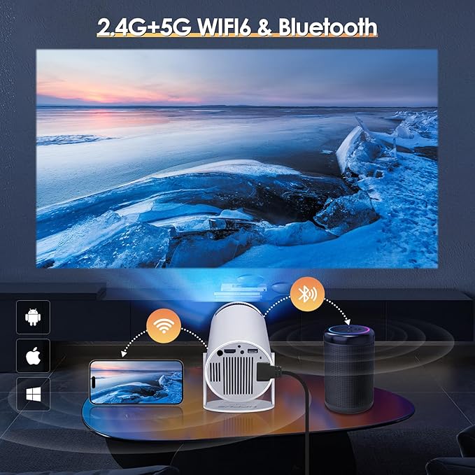 HY300 Android Portable Projector displaying stunning 4K visuals with 2.4G+5G WiFi6 & Bluetooth connectivity features.