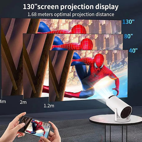 HY300 Android Portable Projector displaying 130-inch screen, showing a superhero image with optimal projection distance details.