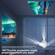 HY300 Android Portable Projector displaying images on a ceiling and wall with flexible 180-degree projection angle indoors.